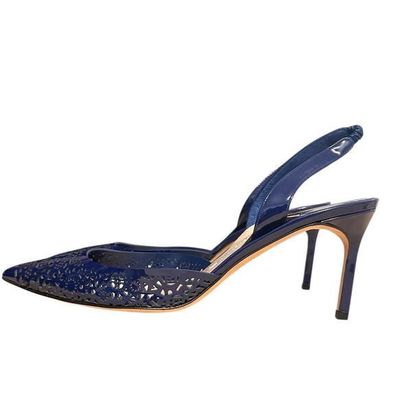 Manolo Blahnik Carolyne Navy Blue Patent Leather Pointed Toe Slingback Pump 39.5 - Picture 5 of 10